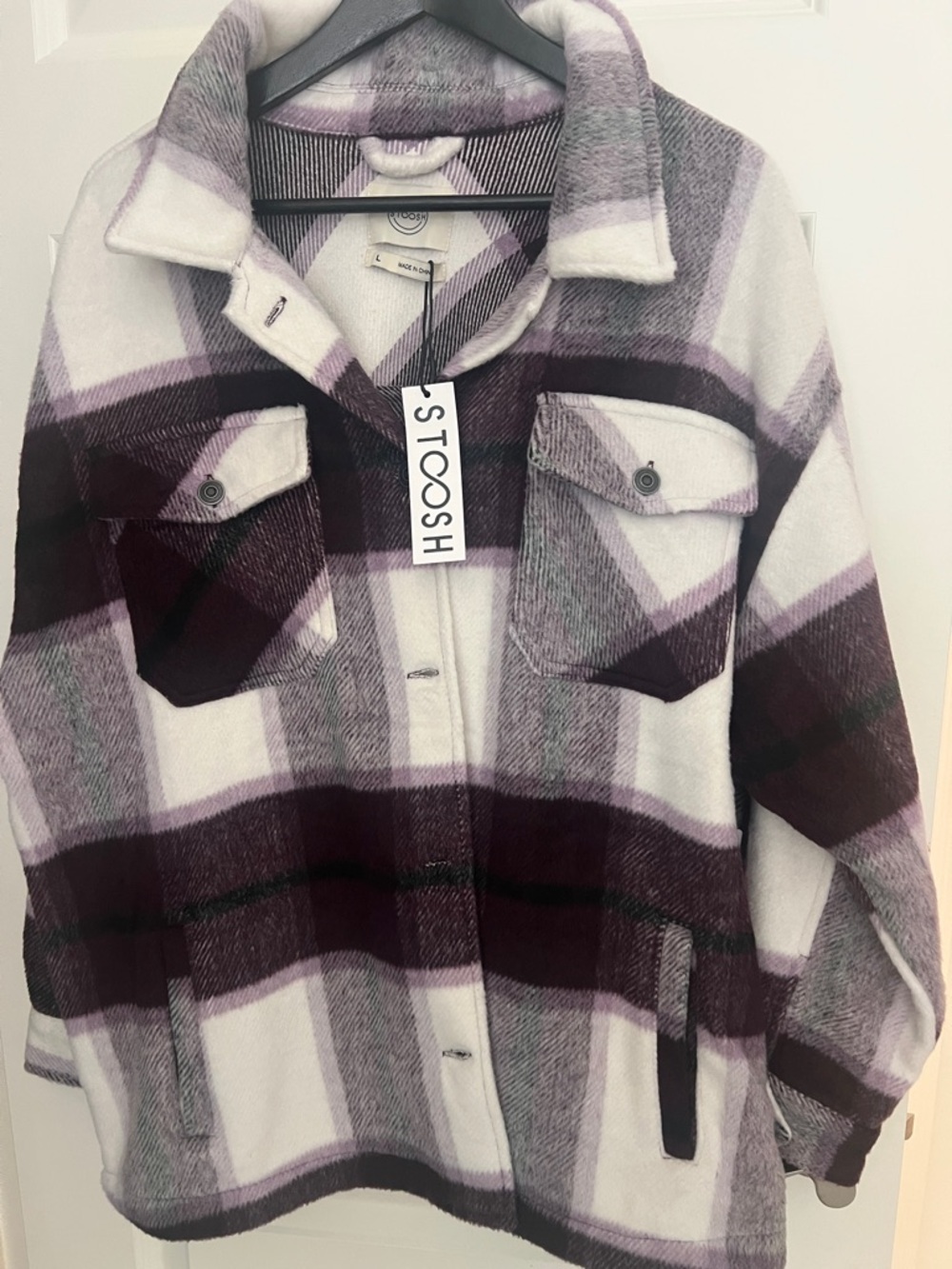 NWT Stoosh Purple and White Plaid Shacket